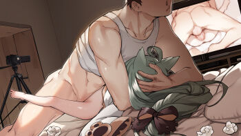 1boy 1girl absurdres age_difference ahoge akashi_(azur_lane) anal animal_ears ass azur_lane barefoot black_bow blvefo9 bottomless bow boy_on_top braid cat_ears cat_girl clothed_sex commentary dress dutch_angle english_commentary green_hair hair_bow hand_on_another's_head head_hug hetero highres large_insertion loli long_hair long_sleeves lying mating_press missionary mixed-language_commentary multiple_views on_back penis pillow recording screen sex size_difference sleeves_past_fingers sleeves_past_wrists tank_top testicles toes uncensored vaginal video_camera white_dress white_tank_top