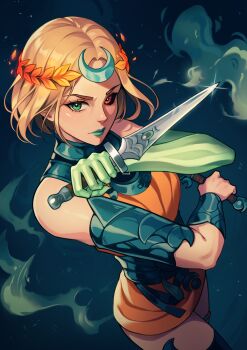 1girl absurdres ancient_greek_clothes asymmetrical_arms black_sclera blonde_hair bone colored_sclera commentary dagger dress english_commentary glowing_arm greco-roman_clothes green_lips hades_(series) hades_2 highres holding holding_sickle jellypon knife laurel_crown looking_at_viewer melinoe_(hades) mismatched_sclera orange_dress see-through_body short_hair sickle skeletal_arm solo weapon