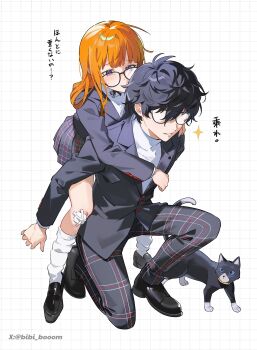 1boy 1girl absurdres amamiya_ren bibi_booom black_cat black_hair black_jacket black_shoes carrying cat gauze gauze_on_knee glasses grid_background highres jacket kneehighs long_hair long_sleeves morgana_(cat)_(persona_5) morgana_(persona_5) orange_hair pants persona persona_5 piggyback plaid_clothes plaid_pants pleated_skirt sakura_futaba school_uniform shoes shuujin_academy_school_uniform skirt socks sparkle translation_request tuxedo_cat twitter_username white_socks
