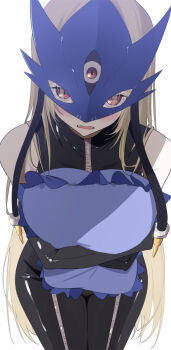 1girl beelstarmon black_pants blonde_hair blue_mask blush commentary_request digimon digimon_(creature) highres hugging_object long_hair looking_at_viewer open_mouth pants pillow pillow_hug red_eyes simple_background very_long_hair white_background yotsumoto_yuu