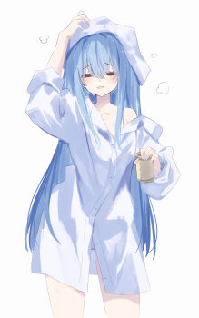 1girl :d =_= absurdres arm_up bare_shoulders blue_hair blue_panties can closed_eyes collarbone collared_shirt diieru dress_shirt hair_between_eyes highres holding holding_can kotonoha_aoi long_hair long_sleeves looking_at_viewer off_shoulder open_mouth panties shirt simple_background smile solo standing towel towel_on_head underwear very_long_hair voiceroid white_background white_shirt