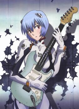 Rule 34 | 1girl, absurdres, artist request, ayanami rei, blue hair, electric guitar, female focus, fender (company), fender stratocaster, guitar, highres, instrument, lance of longinus (evangelion), looking back, mecha pilot suit, neon genesis evangelion, non-web source, plugsuit (evangelion), red eyes, short hair, solo, tsurumaki kazuya