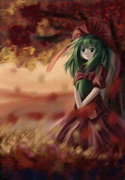 1girl autumn blurry blurry_background blurry_foreground closed_mouth commentary dress front_ponytail grass green_eyes green_hair hair_ribbon highres kagiyama_hina long_hair outdoors own_hands_together puffy_short_sleeves puffy_sleeves red_dress red_ribbon ribbon ripple_(pixiv_117892018) short_sleeves smile solo standing touhou tree v_arms