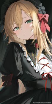 1boy absurdres artist_name black_dress blonde_hair bow commentary crossdressing crossdressing_(mtf) dress english_text frilled_hairband frills gem gothic_lolita green_eyes hair_bow hairband highres juliet_sleeves lolita_fashion long_hair long_sleeves looking_at_viewer nijisanji pixiv_id puffy_sleeves red_bow red_gem sakurada_nana solo trap twitter_username uzuki_kou uzuki_kou_(4th_costume) virtual_youtuber