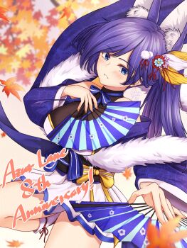 1girl animal_ear_fluff animal_ears anniversary are_you_333 autumn_leaves azur_lane bare_shoulders black_sash blue_eyes breasts commentary_request copyright_name flower folded_fan folding_fan fox_ears fox_tail fur_scarf hair_flower hair_ornament hand_fan highres holding holding_fan jintsuu_(azur_lane) jintsuu_(retrofit)_(azur_lane) large_breasts leaf leg_up long_hair looking_at_viewer purple_hair sash semi-transparent skirt socks solo tail white_skirt white_socks wide_sleeves