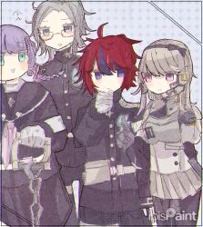 2boys 2girls ahoge animated aotsuki_eito black_hair blue_eyes kirifuji_nozomi last_defense_academy_school_uniform messy_hair mojiro_moko multicolored_hair multiple_boys multiple_girls purple_eyes purple_hair rain red_hair standing sumino_takumi tagme the_hundred_line_-last_defense_academy- video white_hair