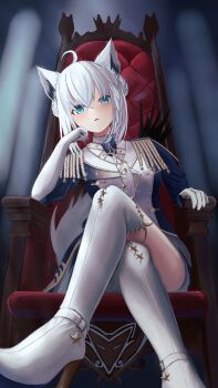 1girl ahoge animal_ear_fluff animal_ears blue_jacket blurry blurry_background blush boots braid chair commentary_request crossed_legs daone double_bun earrings epaulettes fox_ears fox_girl fox_tail gloves green_eyes hair_between_eyes hair_bun head_rest highres hololive jacket jewelry looking_at_viewer open_mouth shirakami_fubuki shirakami_fubuki_(fbkingdom) sidelocks single_braid sitting sitting_on_throne solo star_(symbol) tail thigh_boots throne virtual_youtuber white_boots white_gloves white_hair white_jacket