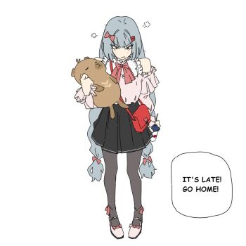 1girl alternate_costume bare_shoulders black_pantyhose black_skirt bow cup dress english_text grey_hair hair_bow holding holding_cup holding_stuffed_toy kofucchi long_hair namipon_(wuthering_waves) pantyhose phrolova_(wuthering_waves) pout red_bag red_bow school_uniform shoes skirt stuffed_animal stuffed_toy white_background white_shoes wuthering_waves