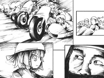 Rule 34 | 6+boys, 6+girls, a-ha, bow, braid, chinese commentary, closed eyes, closed mouth, commentary request, cookie (touhou), daiyousei, diyusi (cookie), dust cloud, greyscale, hair bow, hakurei reimu, hat, helmet, highres, joker (cookie), kimura (coat corp.), kirisame marisa, kofji (cookie), long hair, manatsu no yo no inmu, miura daisenpai, mizuhashi parsee, mochiya (cookie), monochrome, motor vehicle, motorcycle, motorcycle helmet, multiple boys, multiple girls, mushroomsucy, nazrin, on motorcycle, open mouth, pointy ears, reu (cookie), shirt, short hair, sidecar, single braid, sketch, smile, sunglasses, suzu (cookie), take on me (a-ha), takuya (acceed), touhou, upper body, witch hat, yajuu senpai