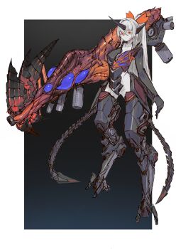1girl absurdres arm_cannon armor biomechanical biopunk blonde_hair colored_skin commission cyborg digitigrade full_body highres horns kasanomaya long_hair mecha_musume orange_eyes original r-type science_fiction second-party_source single_horn solo standing very_long_hair weapon white_skin