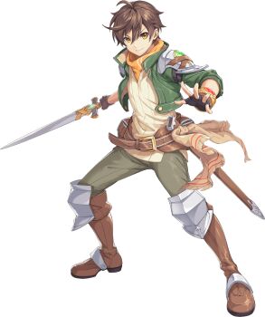 1boy armor artist_request belt boots brown_hair fingerless_gloves full_body game_cg gloves green_jacket highres holding holding_sword holding_weapon jacket knee_armor legend_clover light_smile official_art open_hand protagonist_(legend_clover) shoulder_armor solo source_request sword transparent_background weapon yellow_eyes