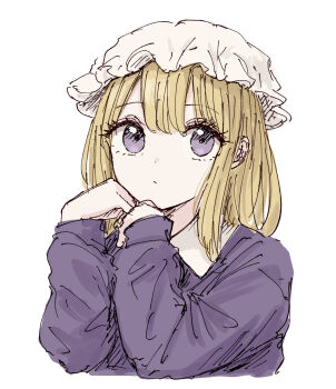 1girl blonde_hair closed_mouth collared_dress commentary contrast_collar dress hair_between_eyes hands_on_own_chin hat head_rest highres kashiwada_kiiho long_sleeves looking_at_viewer maribel_hearn medium_hair mob_cap purple_dress purple_eyes solo touhou white_background white_hat