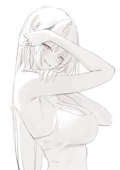 1girl absurdres bare_arms bare_shoulders blush breasts bright_pupils camisole cleavage clenched_teeth detached_hair greyscale hand_in_own_hair head_tilt highres impossible_camisole laneigu large_breasts long_hair looking_at_viewer looking_to_the_side mole mole_under_eye monochrome narrowed_eyes original skindentation smile solo spaghetti_strap teeth upper_body very_long_hair white_pupils yuzu_(laneigu)