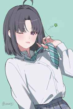 Rule 34 | :p, absurdres, ahoge, alternate hairstyle, awa subaru, black hair, collared shirt, commentary request, girls band cry, green necktie, highres, necktie, official alternate hairstyle, one eye closed, parted bangs, plaid clothes, plaid skirt, purple eyes, school uniform, shirt, skirt, tongue, tongue out, watermark