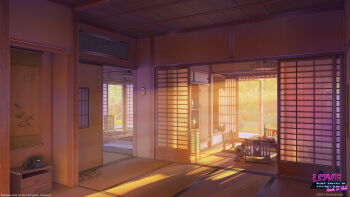3d architecture arsenixc bed calendar_(object) chair copyright_notice east_asian_architecture futon highres house jar lamp no_humans original phone sandals scenery shelf sunlight sunset table wooden_chair wooden_door wooden_table
