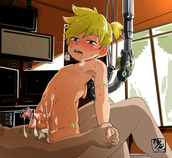 2boys anal blonde_hair blue_eyes blush computer drooling kagamine_len kaminosaki looking_at_viewer male_focus male_penetrated multiple_boys nude penis restrained saliva sex shota size_difference steam straddling sweat testicles vocaloid yaoi