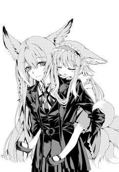 2girls animal_ears arknights belt belt_buckle braid buckle carrying chinese_commentary closed_eyes closed_mouth collared_shirt commentary_request facial_scar frilled_hairband frills greyscale hair_between_eyes hairband highres jacket lace_trim lapels long_hair long_sleeves monochrome mother_and_daughter multiple_girls multiple_tails nanzhu801_(noraaaaa) necktie open_clothes open_jacket pantyhose parted_lips piggyback scar scar_on_cheek scar_on_face shirt shoes simple_background sleeping smile suzuran_(arknights) tail tassel vulpisfoglia_(arknights) white_background