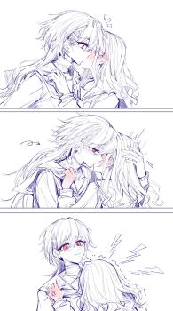 2girls absurdres anger_vein blush ceras_yanagida_lilienfeld closed_mouth commentary_request ear_blush greyscale hand_blush hand_on_another&#039;s_head highres katsuragi_izumi kiss link!_like!_love_live! long_hair love_live! monochrome multiple_girls red_eyes school_uniform serafuku smile spot_color sweat yrxy_settingsun yuri