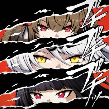 Rule 34 | 3girls, absurdres, black hair, blunt bangs, brown hair, eiji nochi, eye focus, grey hair, hair between eyes, highres, hoshimi miyabi, multiple girls, parody, persona, persona 5, red eyes, style parody, ye shunguang, yellow eyes, yixuan (zenless zone zero), zenless zone zero