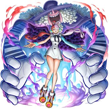 1girl 1other aura bare_legs bare_shoulders breasts curvy demon dress evil_smile fangs glowing glowing_eyes hair_over_one_eye headphones highres large_breasts long_hair long_sleeves looking_at_viewer multicolored_hair official_art one_piece one_piece:_bounty_rush open_mouth purple_eyes reaching reaching_towards_viewer red_hair smile tot_musica_(one_piece) two-tone_hair uta_(one_piece) very_long_hair white_dress white_hair wide_hips