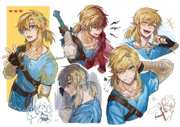1boy \n/ angry arm_behind_head bishounen blonde_hair blue_eyes blush closed_eyes commentary earrings fingerless_gloves gloves heart jewelry link male_focus nekohanemocha nintendo pointy_ears ponytail rain short_ponytail sidelocks smile symbol-only_commentary the_legend_of_zelda the_legend_of_zelda:_breath_of_the_wild tongue white_background