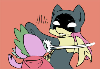 batman batman_(cosplay) cosplay dc_comics elbow_gloves fluttershy frown gloves hat long_hair mask meme motion_lines my_little_pony my_little_pony:_friendship_is_magic my_parents_are_dead no_humans parody parted_lips pink_hair robin_(cosplay) robin_(dc) robin_(dc)_(cosplay) shepherd0821 simple_background slapping spike_(my_little_pony) wings