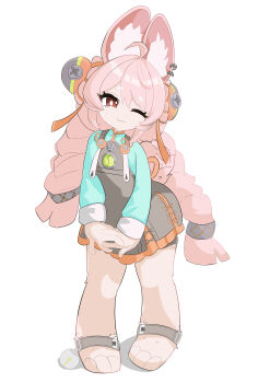 1girl absurdres ahoge animal_ear_fluff animal_ear_piercing animal_ears braid bright_pupils commentary_request furry furry_female hair_ornament highres long_hair looking_at_viewer one_eye_closed open_mouth pink_fur pink_hair rabbit_ears rabbit_girl red_eyes shirt short_eyebrows solo thick_eyebrows twin_braids user_csdm8588 white_pupils zenless_zone_zero zhao_(zenless_zone_zero)