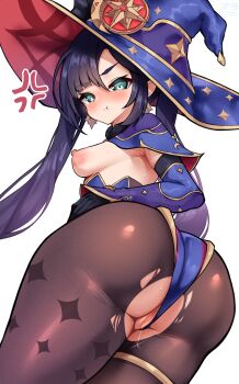 1girl absurdres armpit_crease ass ass_focus black_hair blue_leotard blush breasts brown_pantyhose censored clothing_aside earrings genshin_impact green_eyes hat highres jewelry leotard leotard_aside looking_back matsumaramara mona_(genshin_impact) mosaic_censoring open_mouth pantyhose purple_hair pussy simple_background small_breasts solo star_(symbol) star_earrings thighlet torn_clothes torn_pantyhose twintails twisted_torso white_background witch_hat