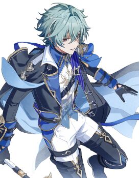 Rule 34 | 1boy, absurdres, black boots, black coat, black gloves, blue coat, blue gem, blue hair, boots, coat, collared shirt, commentary request, crossed bangs, gem, genshin impact, gloves, hair between eyes, highres, holding, holding weapon, lapels, lohen (genshin impact), looking to the side, male focus, pants, parted hair, shirt, short hair, sideways glance, solo, su3ka, two-sided coat, two-sided fabric, weapon, white background, white pants, wing collar