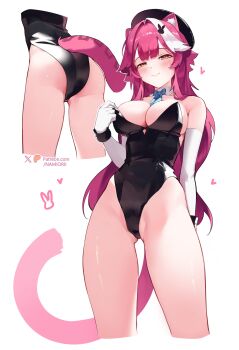 1girl absurdres animal_ears armpit_crease artist_name ass bare_shoulders beret black_hat black_leotard black_wrist_cuffs blue_bow blue_bowtie blush bow bowtie breasts closed_mouth collar collarbone cropped_legs detached_collar elbow_gloves from_behind gloves hair_intakes hair_ornament hat heart highres hololive hololive_english large_breasts leotard leotard_lift lifting_own_clothes long_hair looking_at_viewer multicolored_hair multiple_views namiorii panther_ears panther_girl panther_tail patreon_username pink_hair pink_lips playboy_bunny rabbit_hair_ornament raora_panthera shiny_skin simple_background smile solo_focus strapless strapless_leotard streaked_hair tail thighs twitter_username two-tone_hair virtual_youtuber white_background white_collar white_gloves white_hair wrist_cuffs yellow_eyes