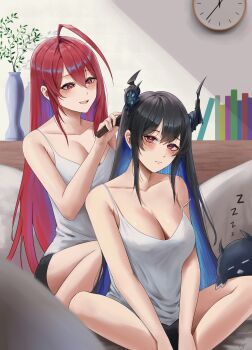 Rule 34 | 2girls, absurdres, ahoge, behind another, black hair, black shorts, blue hair, blush, breasts, brushing hair, cleavage, clock, colored inner hair, demon horns, elizabeth rose bloodflame, highres, hololive, hololive english, horns, huge ahoge, jailbird (nerissa ravencroft), large breasts, mole, mole under eye, multicolored hair, multiple girls, nerissa ravencroft, rayn3, red eyes, red hair, short shorts, shorts, sitting, sleeping, thighs, two-tone hair, virtual youtuber