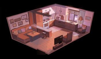 cabinet carpet chair commentary concept_art couch curtains english_commentary indoors isometric kettle kitchen lamp living_room lounge_chair ma_someru no_humans original pastel_colors photo_(object) pink_light refrigerator rug scenery sink stool stove sunrise table television toaster variant_set wainscoting window_blinds window_light wooden_floor