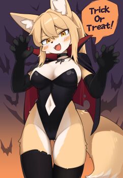 1girl animal_ear_fluff animal_ears bat_(animal) black_choker black_gloves black_leotard black_thighhighs breasts choker clothing_cutout commentary elbow_gloves english_commentary fangs fox_ears fox_girl fox_tail furry furry_female gloves halloween halloween_costume highres jeifier_(character) jeifier_(korfiorano01) leotard looking_at_viewer navel navel_cutout open_mouth orange_eyes original solo speech_bubble tail thighhighs