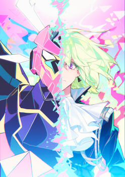 1boy absurdres ascot black_jacket blue_fire chinese_commentary closed_mouth commentary_request earrings fire floating_hair green_hair highres jacket jewelry lio_fotia looking_at_viewer male_focus mecha pink_fire promare purple_eyes robot short_hair solo split_screen yusa_(yusa0751)