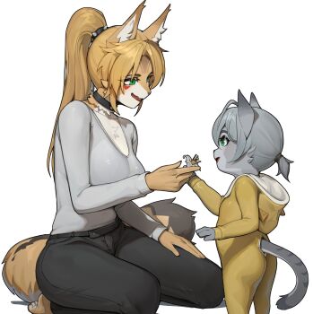 1girl 1other animal_ears barefoot black_choker black_pants blonde_hair breasts choker cleavage commentary english_commentary flower green_eyes grey_hair grey_shirt highres holding holding_flower kambo large_breasts long_hair long_sleeves looking_at_another pajamas pants ponytail pulchra_fellini seiza shirt sitting snow_leopard_ears snow_leopard_tail tail tiger_ears tiger_girl tiger_tail toes white_background white_flower yellow_pajamas zenless_zone_zero