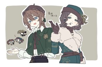 1boy 1girl belt beret black_gloves black_pants blue_eyes blush border bow bowtie brown_gloves brown_hair brown_scarf capelet chibi chibi_inset coat collared_shirt drill earpiece edgar_valden evelyn_mora fur_coat fur_trim gloves green_bow green_bowtie green_eyes green_hat hat headset highres identity_v jewelry long_sleeves microphone necklace open_mouth pants pearl_necklace scarf shirt short_hair single_drill smile u0el_t white_border white_shirt