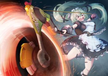 >_< 1girl absurdres apron bandaid bandaid_on_leg belt black_belt black_dress black_nails breasts chain charm_(object) circular_saw commentary corin_wickes cuffs dress english_commentary facing_viewer feet_out_of_frame glowing_hot green_hair hair_between_eyes highres holding holding_weapon kallentsu long_hair maid maid_apron maid_headdress open_mouth puffy_short_sleeves puffy_sleeves pulling saw screw_hair_ornament short_sleeves solo tears twintails weapon weapon_charm zenless_zone_zero