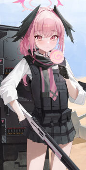 1girl absurdres alternate_costume alternate_hairstyle ballistic_shield black_gloves black_scarf black_skirt black_wings blue_archive blush bulletproof_vest candy commentary_request cowboy_shot food gloves gun half_gloves halo head_wings highres holding holding_candy holding_food holding_gun holding_lollipop holding_weapon hoshino_(armed)_(blue_archive) hoshino_(blue_archive) koharu_(blue_archive) lollipop long_hair long_sleeves looking_at_viewer pink_eyes pink_hair pink_halo pleated_skirt ponytail re_naya scarf school_uniform shield shirt shotgun skirt weapon white_shirt wings