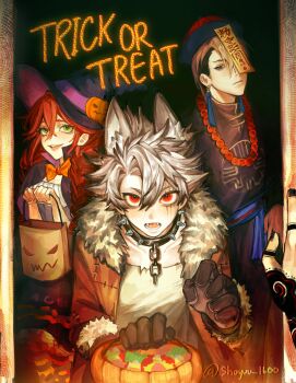 1girl 3boys animal_ears bead_necklace beads black_choker black_nails black_robe bow bowtie braid brown_gloves brown_jacket cape choker enjin_(gachiakuta) gachiakuta gloves halloween_costume highres jack-o'-lantern jacket jewelry jiangshi_costume long_hair low_twin_braids multiple_boys necklace open_mouth orange_bow orange_bowtie pov pov_hands purple_cape red_eyes red_hair riyo_reaper robe rudo_surebrec shoyuu_1600 spiked_choker spikes trick_or_treat twin_braids werewolf_costume witch wolf_ears zanka_nijiku