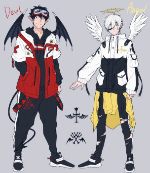 Rule 34 | 2boys, angel, angel wings, black hair, black hoodie, black jacket, black pants, black wings, closed mouth, clothes around waist, collarbone, commentary request, demon boy, demon tail, demon wings, english text, eyepatch, eyewear on head, fang, fang out, feathered wings, flying nimbus, grey background, hair between eyes, halo, hand in pocket, highres, hood, hoodie, jacket, light smile, looking at viewer, male focus, moxamog, multicolored jacket, multiple boys, original, pants, pointy ears, red eyes, red jacket, shirt, shirt around waist, shoes, short hair, simple background, sneakers, standing, tail, torn clothes, torn pants, two-tone jacket, white hair, white jacket, white wings, wings, yellow eyes, yellow halo, yellow shirt