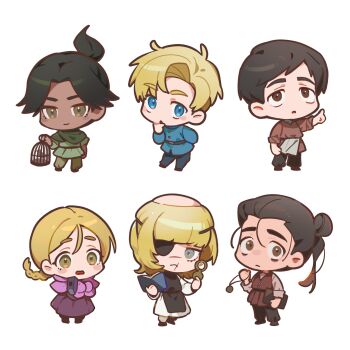 Rule 34 | 2girls, 4boys, albert brudzewski (chi.), arm behind back, badeni, black hair, black pants, black shoes, black tabard, blonde hair, blue eyes, blue jacket, blunt bangs, book, braid, brown eyes, brown shoes, brown vest, capelet, chi.: chikyuu no undou ni tsuite, chibi, chibi only, cloak, closed mouth, commentary request, dark-skinned female, dark skin, draka (chi.), eyepatch, full body, gloves, green cloak, green shirt, grey eyes, hair bun, hand on own chin, highres, holding, holding birdcage, holding book, holding needle, jacket, jolenta, light blush, light smile, long hair, multiple boys, multiple girls, needle, oczy, open mouth, pants, parted bangs, parted lips, pink capelet, pink gloves, pointing, pointing up, ponytail, rafal (chi.), robe, sakitsu, shirt, shoes, short hair, short ponytail, single braid, tabard, thick eyebrows, tonsure, updo, vest, wavy mouth, white background, white robe, white shirt, yellow eyes
