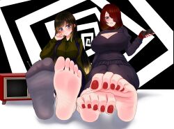 Rule 34 | 2girls, barefoot, blush, breasts, cellphone, cleavage, feet, hair over one eye, highres, large breasts, long hair, looking at viewer, medium hair, multicolored eyes, multiple girls, parted lips, phone, single sock, smartphone, smile, socks, soles, television, toes