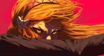 1girl black_coat coat commentary floating_hair freckles glowing glowing_eyes hair_ribbon hairband ishmael_(project_moon) itsukaonline limbus_company long_hair orange_hair project_moon purple_background ribbon scene_reference shaded_face solo the_fallen_angel_(painting) twitter_username v-shaped_eyebrows white_ribbon yellow_eyes