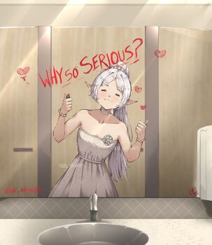 1girl :3 alternate_costume bead_bracelet beads bracelet closed_eyes closed_mouth commentary cosmetics dress elf english_commentary english_text frieren heart holding holding_lipstick_tube indoors jewelry jk_arts lipstick_tube long_hair mirror pointy_ears ponytail public_restroom reflection solo sousou_no_frieren thumbs_up twitter_username white_dress white_hair why_so_serious
