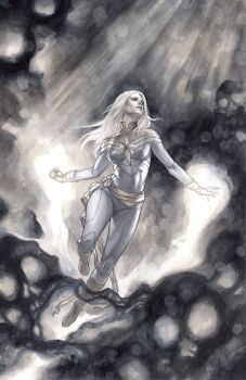 1girl blue_bodysuit bodysuit boots captain_marvel carol_danvers comic_cover commentary english_commentary floating_hair gloves grey_background highres long_hair looking_up marker_(medium) marvel meghan_hetrick muted_color official_art red_boots red_gloves red_sash sash skull solo superhero_costume traditional_media western_comics_(style) white_background