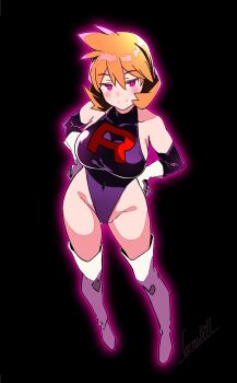 1girl bare_shoulders batta_16-sei black_background blush boots breasts closed_mouth cosplay covered_navel elbow_gloves full_body gloves hair_between_eyes hands_on_own_hips highleg highleg_leotard highres large_breasts leotard looking_at_viewer misty_(pokemon) nintendo orange_hair pink_eyes pokemon pokemon_gsc pokemon_hgss purple_eyes purple_leotard short_hair simple_background smile solo standing team_rocket team_rocket_uniform thigh_boots thighhighs thighs white_gloves
