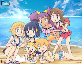 6+girls asymmetrical_hair beach bikini blue_bikini blue_eyes blue_hair blush bonnie_(pokemon) breasts brown_hair dawn_(pokemon) dedenne denim denim_shorts eyelashes flip-flops gen_1_pokemon gen_3_pokemon gen_4_pokemon gen_5_pokemon gen_6_pokemon green_eyes hair_tie iris_(pokemon) legs long_hair may_(pokemon) medium_breasts misty_(pokemon) multiple_girls navel nintendo one_eye_closed orange_hair pokemon pokemon_(anime) pokemon_(classic_anime) pokemon_bw_(anime) pokemon_dppt_(anime) pokemon_rse_(anime) pokemon_xy_(anime) purple_bikini purple_hair red_bikini sandals serena_(pokemon) shibainu_(pom_pomta) shorts small_breasts smile swimsuit thighs water wink