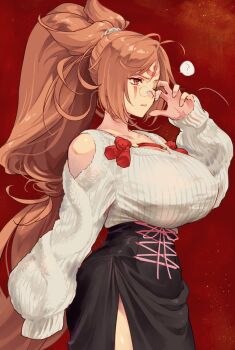 1girl ? amputee antenna_hair baiken big_hair black_skirt breasts closed_mouth clothing_cutout commentary_request glasses guilty_gear high_ponytail highres jako_(toyprn) large_breasts long_hair one-eyed pink_eyes pink_hair ponytail red_background scar scar_across_eye scar_on_face shoulder_cutout sidelocks simple_background skirt solo speech_bubble standing sweater tassel very_long_hair white_sweater