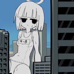 Rule 34 | 1girl, against building, alternate costume, be be be be (cevio), blue sky, blunt bangs, blunt ends, blush, breasts, building, cevio, city, closed mouth, collarbone, covered navel, dedeen, empty eyes, expressionless, frown, giant, giantess, greyscale with colored background, half-closed eyes, halo, looking at viewer, medium breasts, outdoors, school swimsuit, short hair, sitting, sky, skyscraper, solo, spread legs, sweat, swimsuit