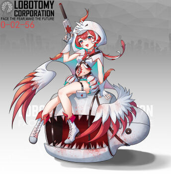 1girl :d animal_hood beak_(e.g.o) belt belt_buckle bird_hood blood blood_on_teeth blood_stain bloody_wings boots breasts brown_belt buckle cape chinese_commentary commentary_request copyright_logo copyright_name crop_top cropped_shirt double-parted_bangs e.g.o_(project_moon) english_text fang feathered_wings feathers fingerless_gloves fingernails flipped_sidelocks fold-over_boots frilled_shorts frills full_body gloves gradient_cape gradient_clothes grey_background gun hair_through_headwear hair_through_hood hair_tubes handgun highres holding holding_gun holding_weapon hood hood_up lace-up_boots lobotomy_corporation logo long_hair looking_at_viewer low_block_heels midriff multicolored_hair necktie ness_(gyjn8442) open_mouth personification pouch project_moon puff_and_slash_shorts puffy_shorts punishing_bird rattail red_eyes red_feathers red_hair red_necktie red_wings sharp_teeth shirt short_shorts shorts shoulder_belt simple_background single_hair_tube sitting skin_fang sleeveless sleeveless_shirt small_breasts smile solo stomach_mouth streaked_hair suppressor teeth text_background thigh_belt thigh_pouch thigh_strap tie_clip trigger_discipline two-sided_cape two-sided_fabric two-tone_hair two-tone_wings weapon white_boots white_cape white_gloves white_hood white_shirt white_shorts white_streaks white_wings wing_cape wing_collar wings